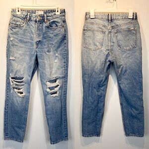 Zara Ripped Mom Jeans Size 6 Acid Wash Slightly Tapered Distressed High Rise